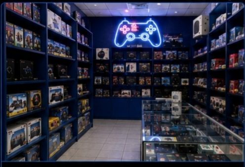 Store interior with the neon controller sign