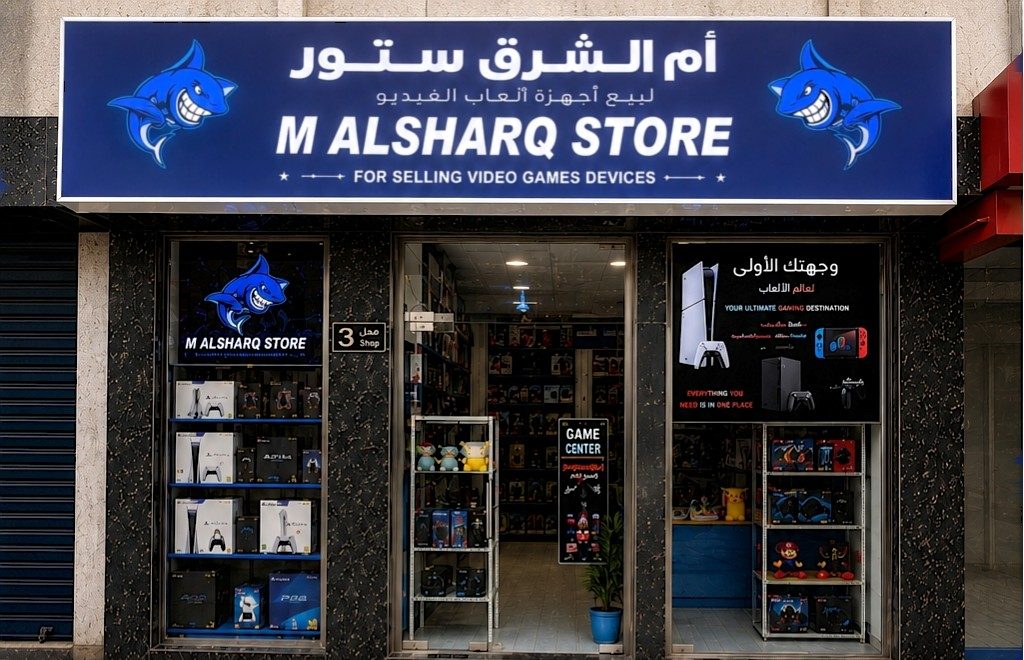 The shop front by day with the blue shark sign
